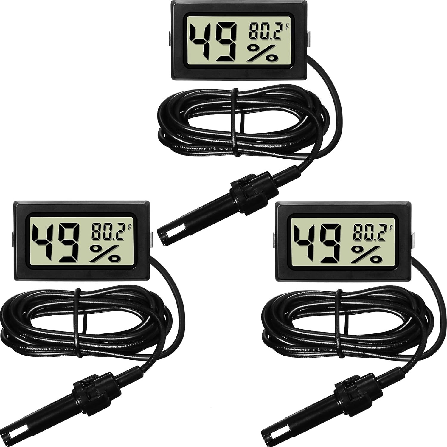 Mini Digital Temperature Humidity Meters Gauge with Probe Gauge LCD Fahrenheit Display Thermometer Hygrometer for Incubator Reptile Plant Greenhouse Chicken Coop Garden Black, 3 Pieces