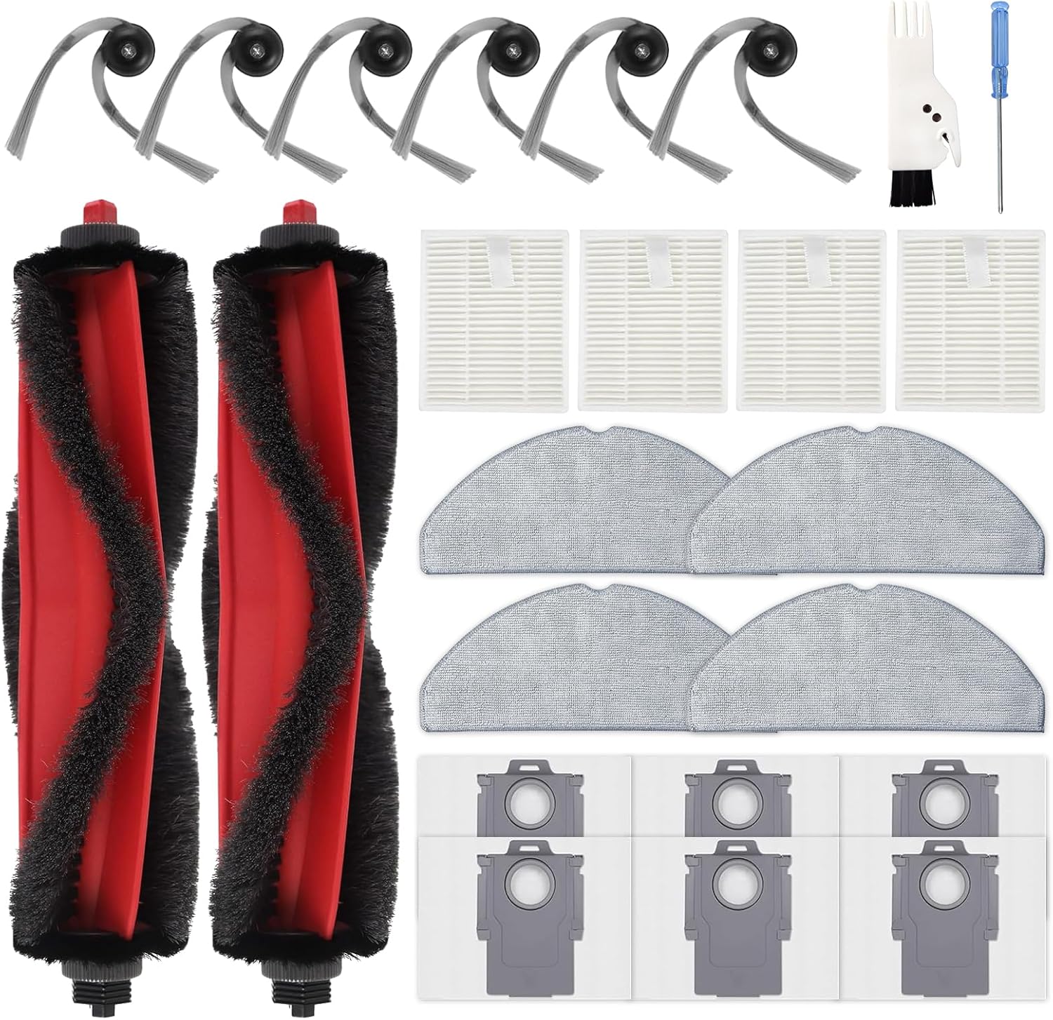 24PCS Replacement Parts Compatible with Q7 M5+/ Q7 M5/Q7 L5/Q7 L5+, 2 Main Brushes, 6 Side Brushes, 4 HEPA Filters, 4 Mop Pads, 6 Dust Bags, 1 Cleaning Brush,1 Screwdriver Spare Parts