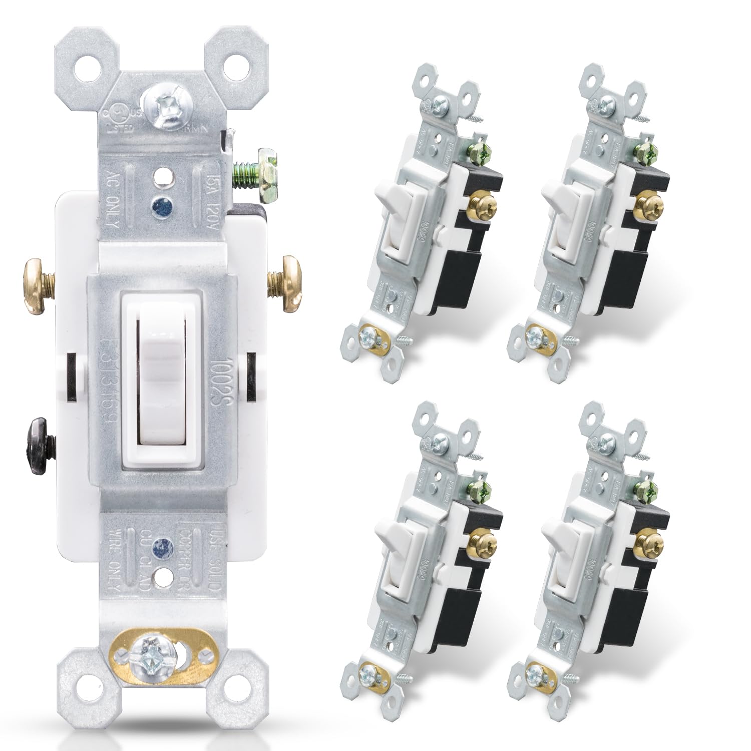 3 Way Toggle Light Switch, 15 Amp, 120 V, Toggle Framed AC Quiet Switch, in Wall On/Off Switch Replacement, Self-Grounding, Residential and Commercial Grade, UL Listed 5 Pack, Glossy White