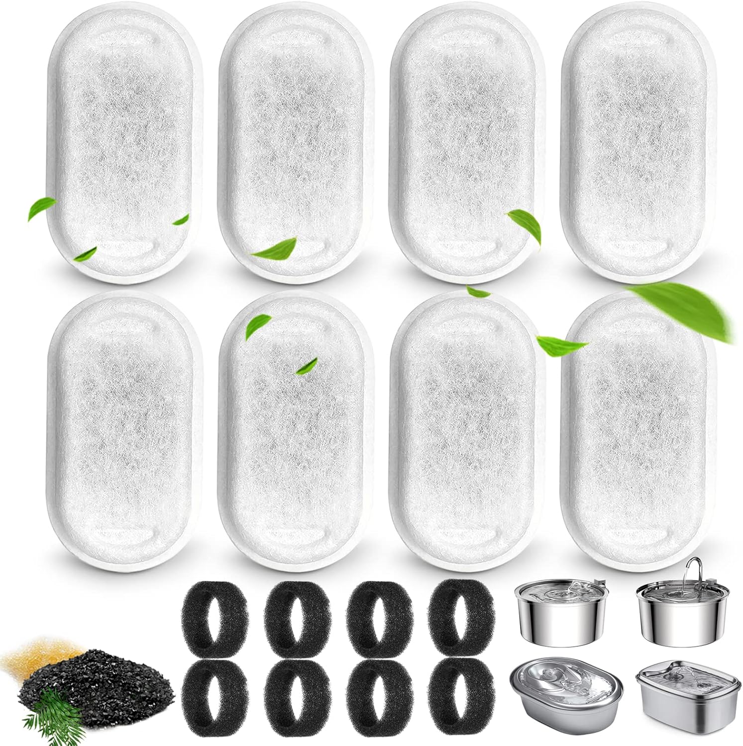 Cat Water Fountain Filters for 108/3.2L& 67oz/2L Stainless Steel Pet Water Dispenser Fountain Filter Replacement with 8 Sponges 8 Filters&8 Sponges