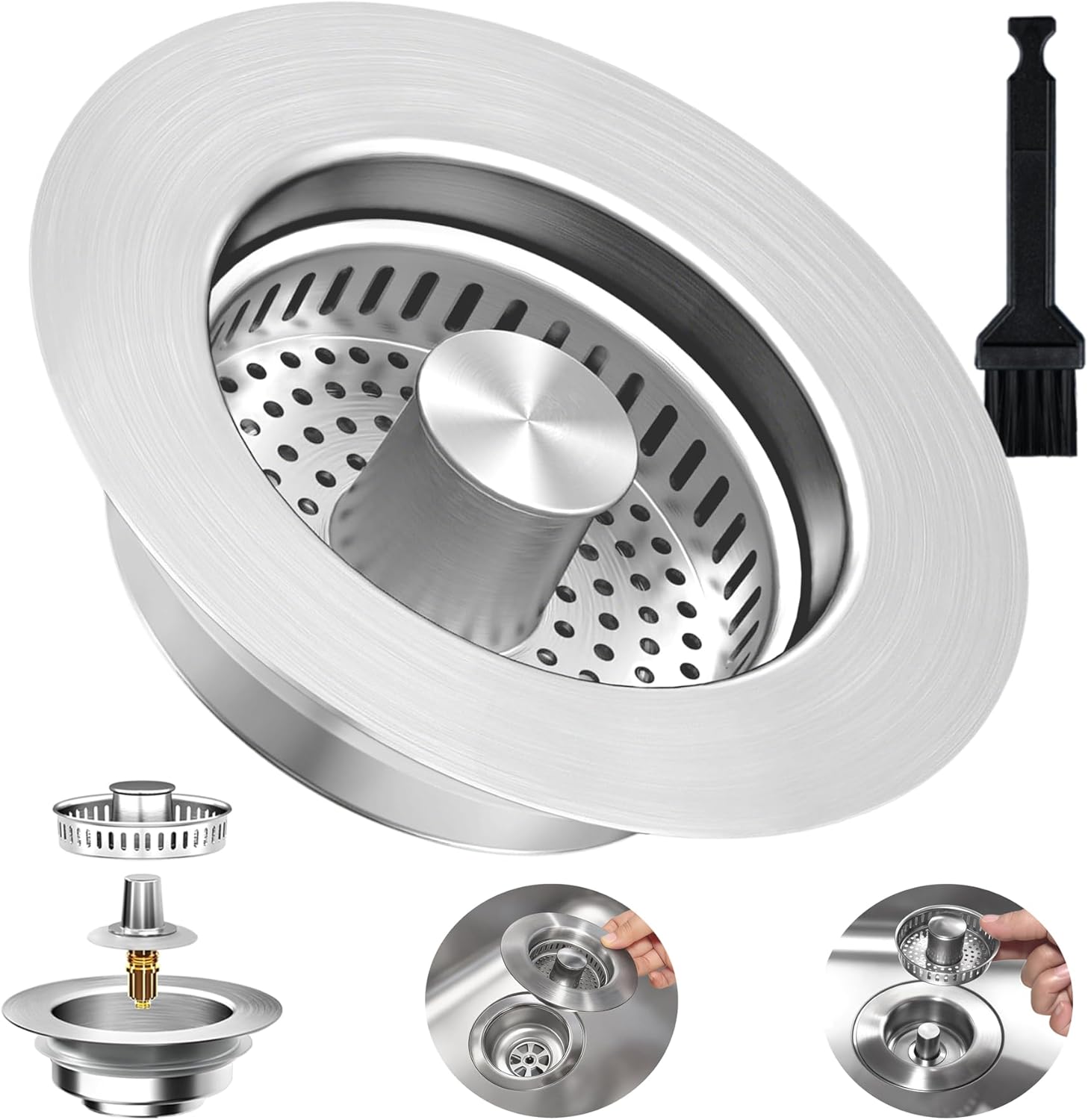 3-in-1 Kitchen Sink Drain Strainer Stopper, Upgraded Stainless Steel Sink Plug with Anti-Clog Filter Basket, Fits Standard 3-1/2 Inch Drain Hole, Pop Up Garbage Disposal Cover Food Catcher