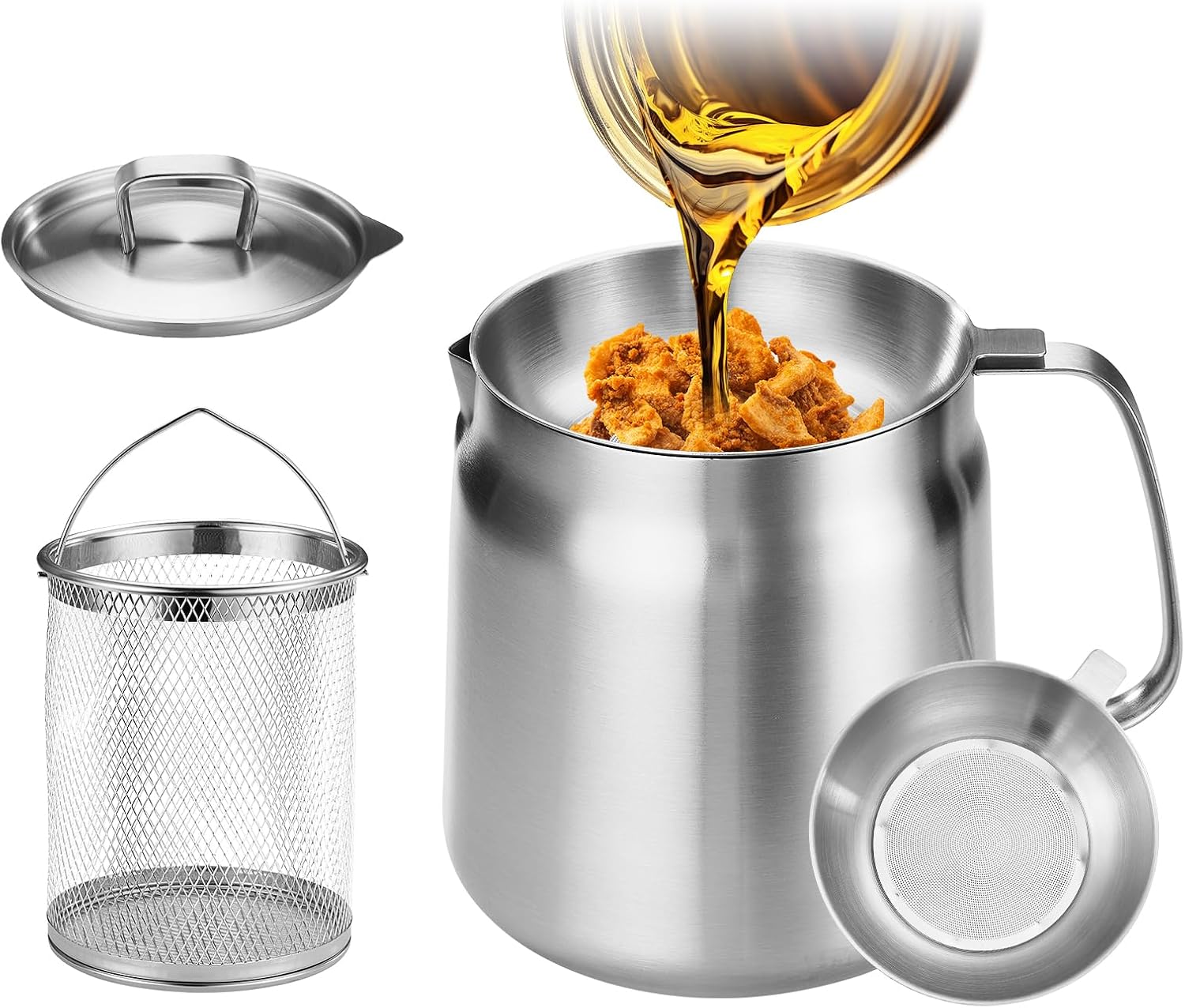 119oz 304 Stainless Steel Deep Fryer Pot with Basket & Strainer, Large Capacity Bacon Grease Container for Kitchen,Frying, Cooking, Camping,Oil Filter Container - Dishwasher Safe 119oz/3.5L/3.7Qt