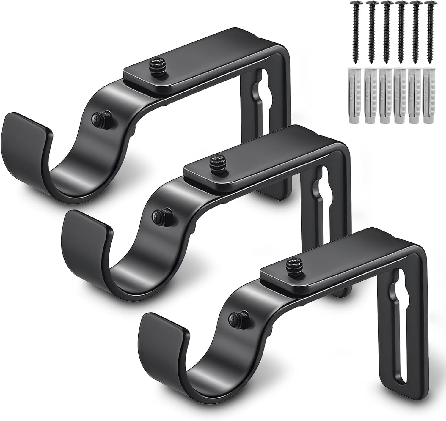 Curtain Rod Bracket Adjustable, Drapery Rod Holder Hooks Support Hangers for 1 inch Diameter Window Curtain Rods Black, 3-Pack