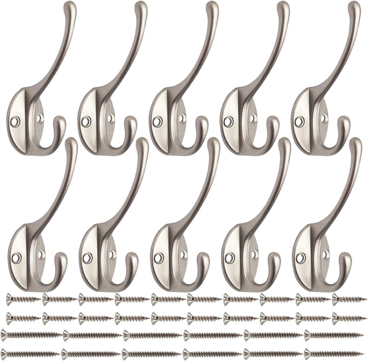 10 Pack Dual Coat Hooks Wall Mounted with 40 Screws Retro Double Hooks Utility Silvery Hooks for Coat, Scarf, Bag, Towel, Key, Cap, Cup, Hat Silvery