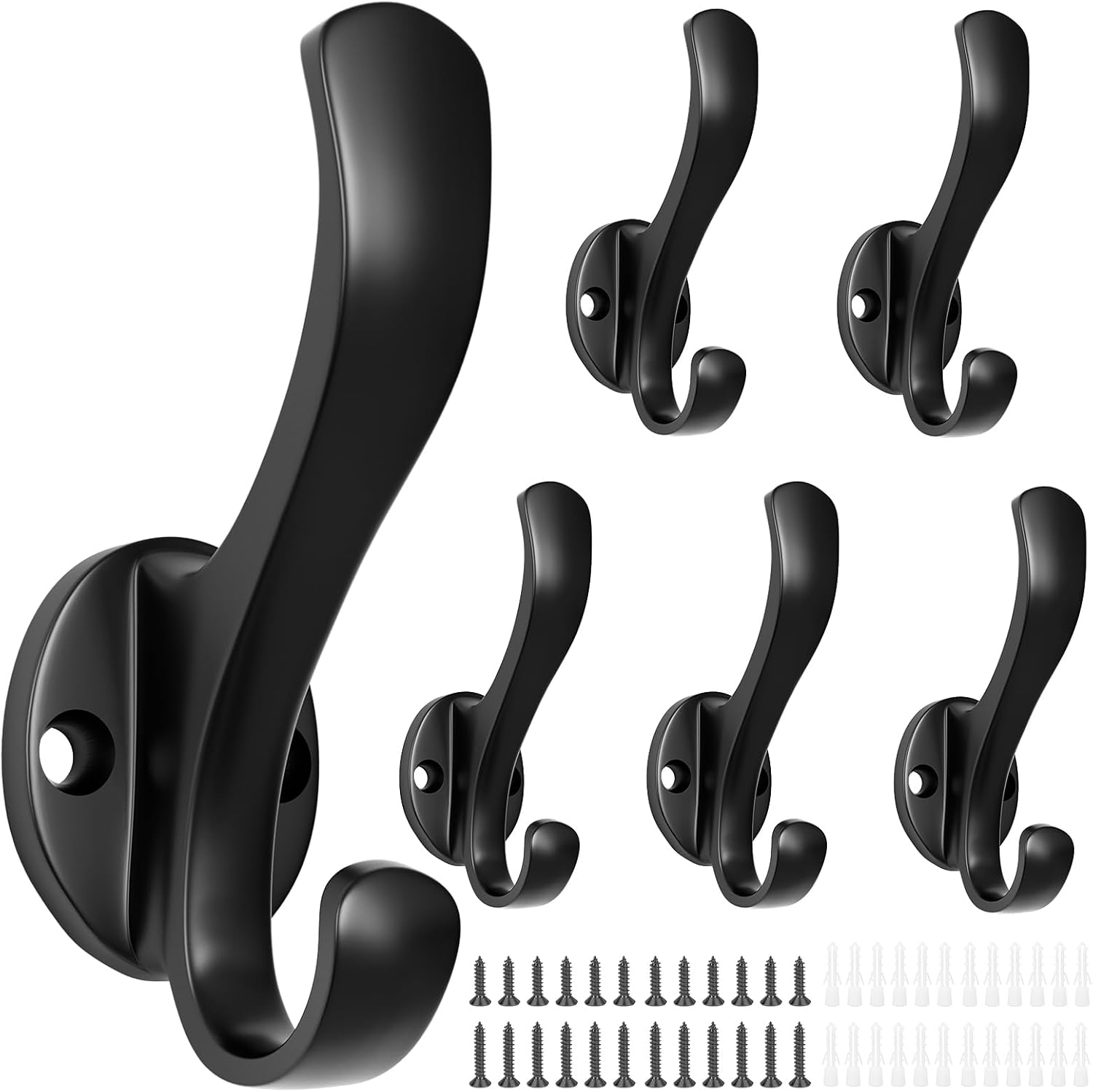 Coat Hooks Heavy Duty - Wall Mount Metal Towel Hooks Screw-in Wall Hooks for Hanging Hat, Towel, Key, Robe, Scarf, Bag, Cap 6 PCS Black