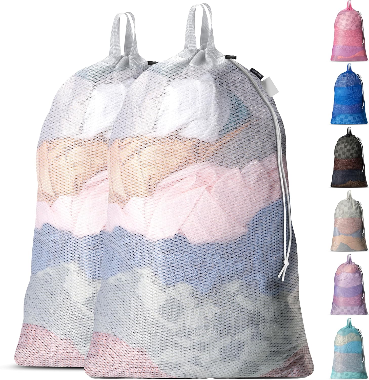 Large Mesh Laundry Bags - 2-Pack Heavy Duty with Handles & Drawstring - Machine Washable Net Laundry Sacks for College Dorm, Camp, Travel, Bedding & Clothes Storage White