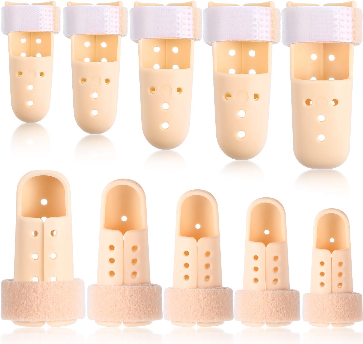 10 Pcs Mallet Finger Splint, 5 Sizes Finger Support Brace Stabilizer Straightener Plastic Fingertip Protectors Arthritis Knuckle Immobilization for Thumb Pinky Middle Index Ring Beige