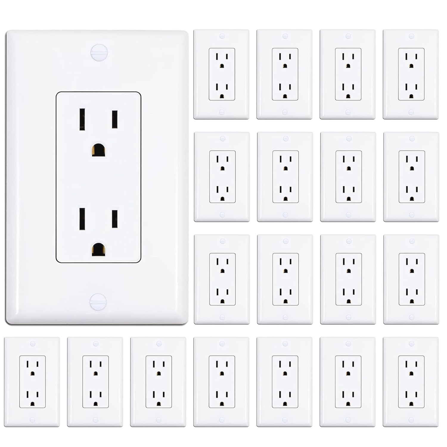Decorator Receptacle Outlet with Wall Plate, Non-Tamper-Resistant Electrical Outlet, 15 amp Outlet, Self-Grounding, UL Listed, White 20 Pack