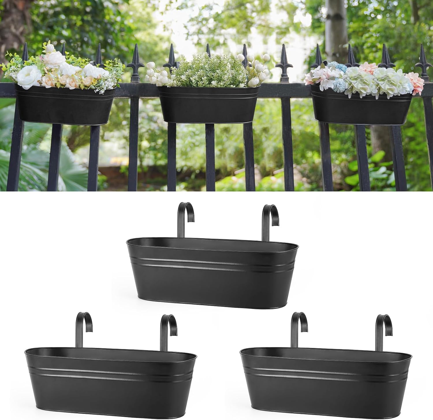 3 Pcs Metal Hanging Flower Pots for Railing Fence Outdoor Planter 15.7 Inch Hanging Bucket Pots Countryside Window Flower Plant Holder with Detachable Hooks for Garden Yard Home Decor,Black