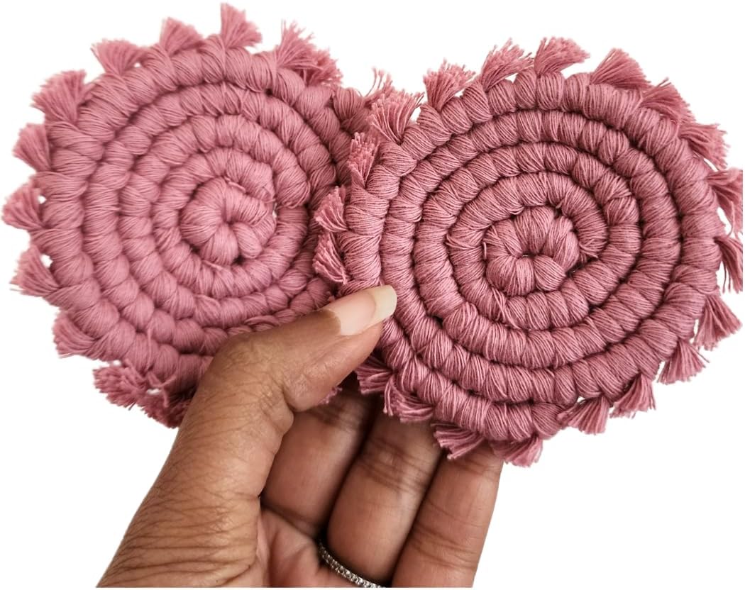 Cotton Car Coasters for Cup Holders, 2PC Car Cup Coasters, Drink Coaster Holder, Cute cupholder Coaster Accessories for Women, Macrame, Boho Champagne Pink