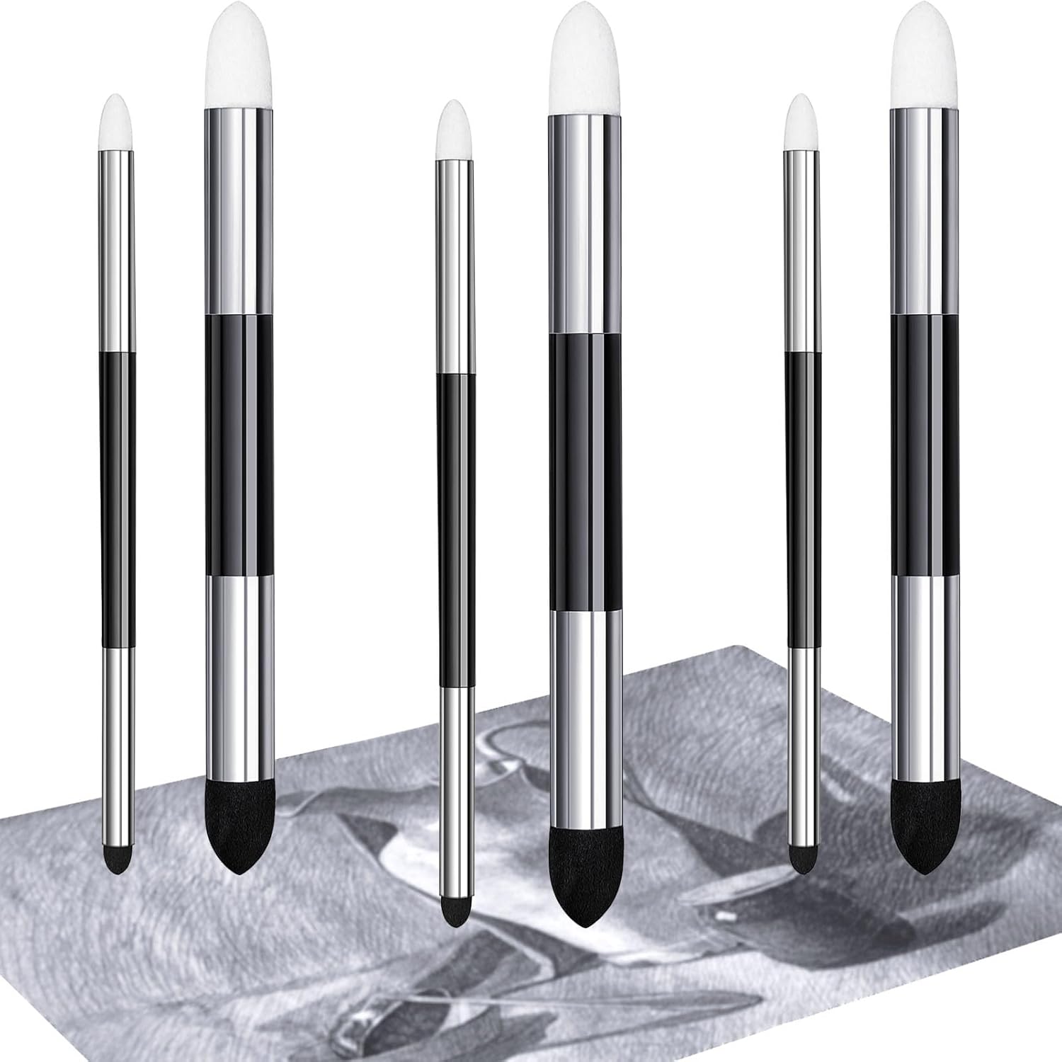 6 Pcs Blending Sponge Pen Double Headed Rub and Buff Washable Sketch Rubbing Sponge Brush Wipe Reusable Blending Stump Drawing Art Blenders for Artist Highlight Shadow Detail Tool White,Black