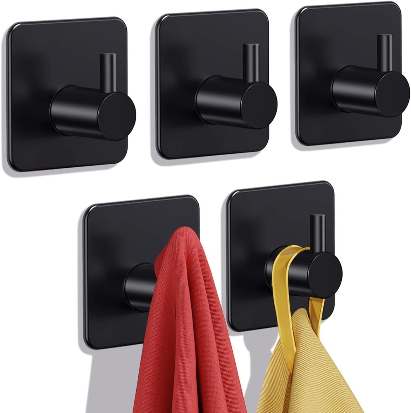 Adhesive Hooks Heavy Duty 22lb Max Towel Hooks for Shower, 5 Pack Self Adhesive Damage Free Wall Hooks, Stainless Steel for Coat Robe, Waterproof Oilproof Rustproof for Bathroom Kitchen Office