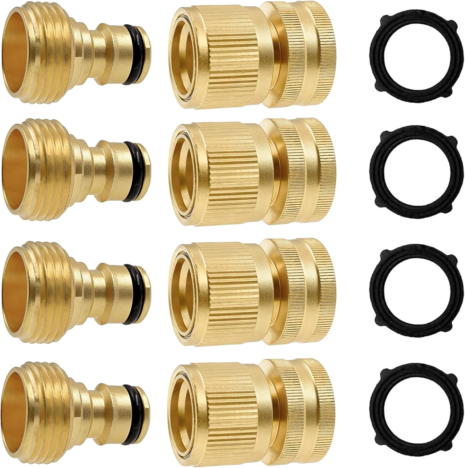 Garden Hose Quick Connector, Solid Brass 3/4 Inch GHT Thread Garden Quick Connect Kit, Male and Female No-Leak Water Hose Fittings 4 Set