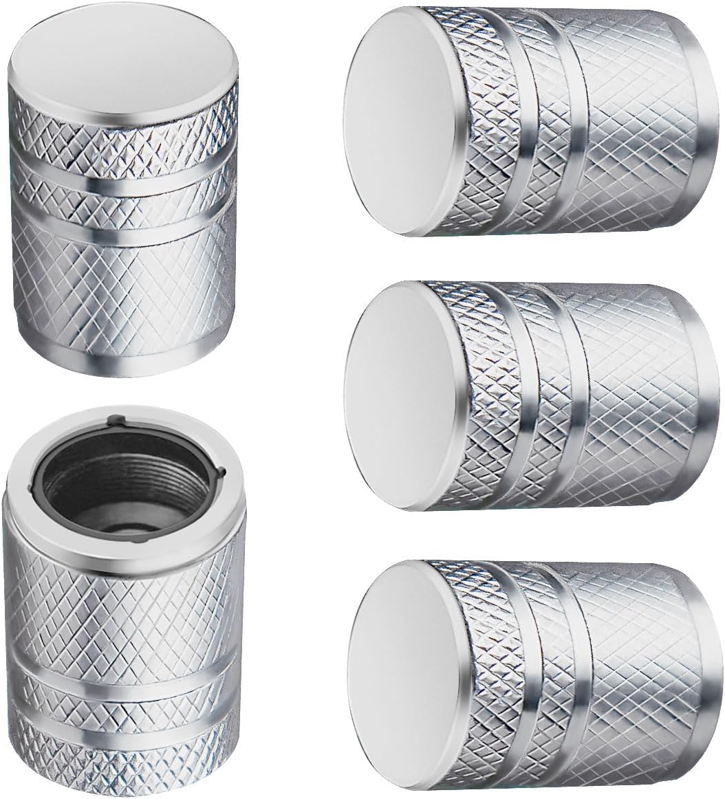Tire Valve Stem Caps - 5 Pack Metal Air Caps with Plastic Liner, Corrosion Resistant, Leak-Proof, Universal Stem Covers for Cars Trucks Motorcycles and Bikes - Silver