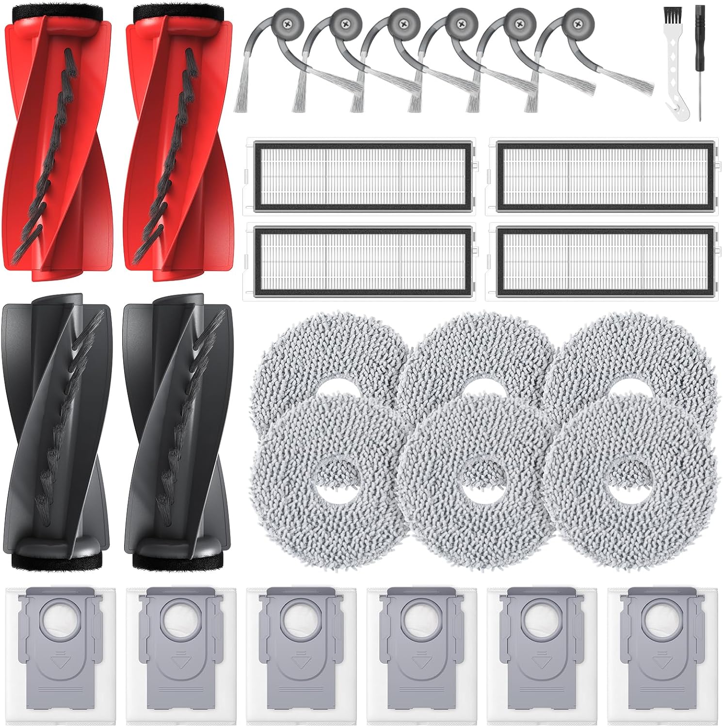 Qrevo S5V Replacement Parts for Roborock Qrevo S5V / Curv/Edge/Edge S5A / Curv S5X, Accessories include 2*Set Main Brush, 6*Mop Pads, 6*Vacuum Bags, 4*Hepa Filters, 6*Side Brush, 2*Cleaning Tool