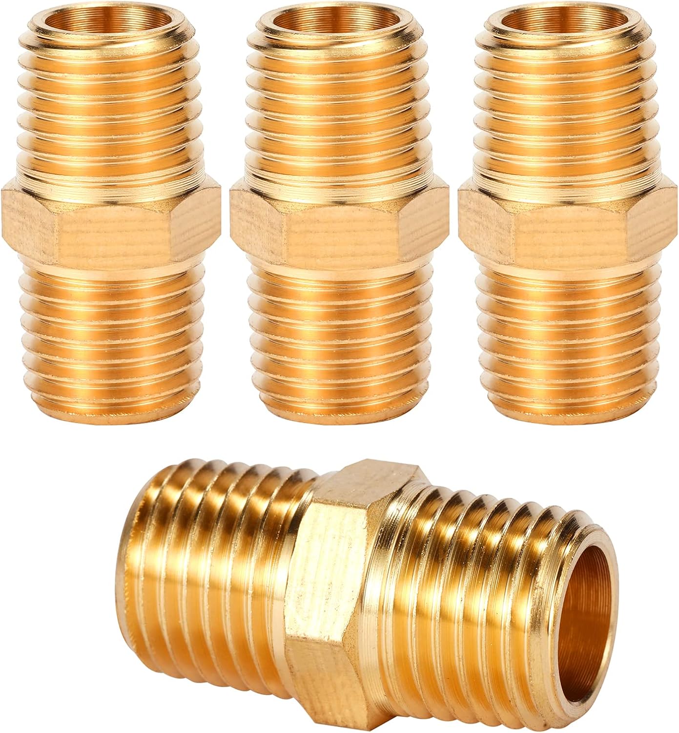 4 pcs Solid Brass Pipe Fitting, Hex Nipple, 1/4" x 1/4" NPT Male Pipe Adapter O.D x O.D: 1/2'' x 1/2''