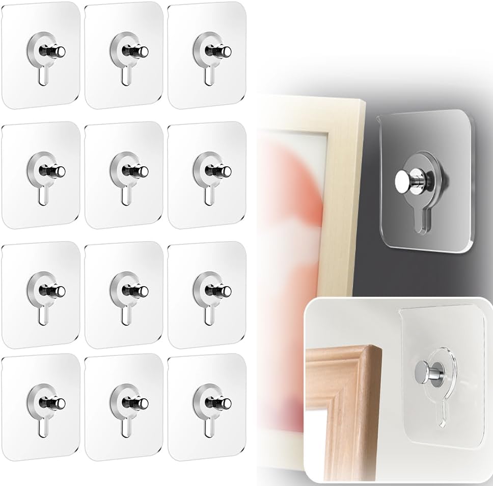 Drill Free Adhesive Hooks,Upgraded Picture Hangers Without Nails,Adhesive Wall Mount Screw Hooks for Hanging,Nail Free Wall Hangers for Kitchen, Bathroom 12 PCS, 2.36 * 2.36 inch