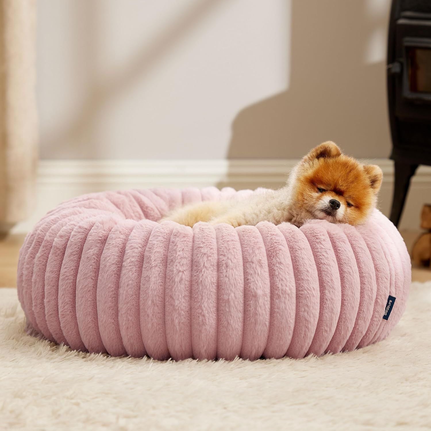 Calming Donut Pet Bed - Faux Rabbit Fur Soft Warm Round Cat Dog Bed - Plush Cozy Cuddler for Small Dogs Cats - Pink L 80cm