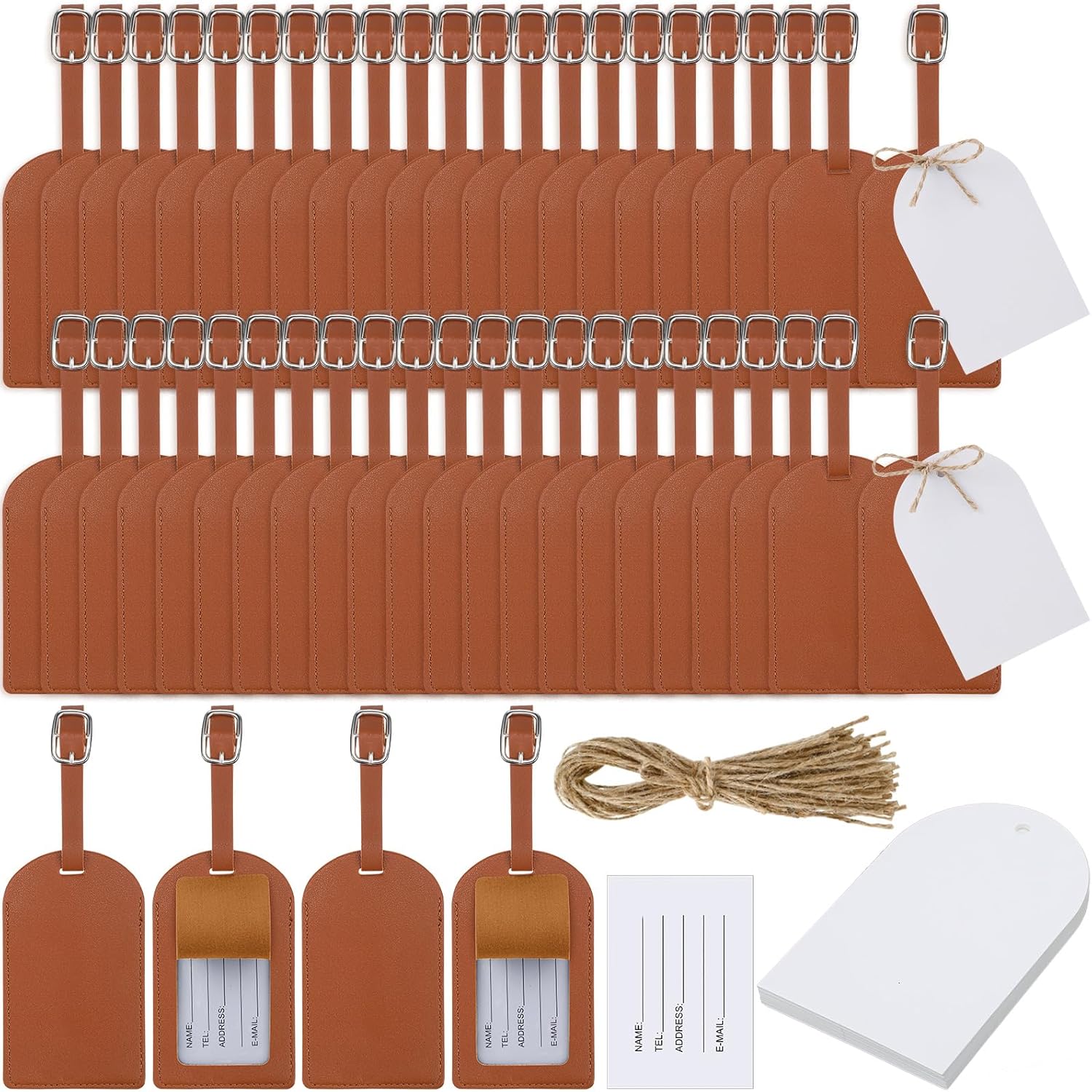 48 Sets Leather Luggage Tags Bulk Wedding Favors for Guests Bridal Gifts Shower Gift PU with Name ID Card Tag Brown