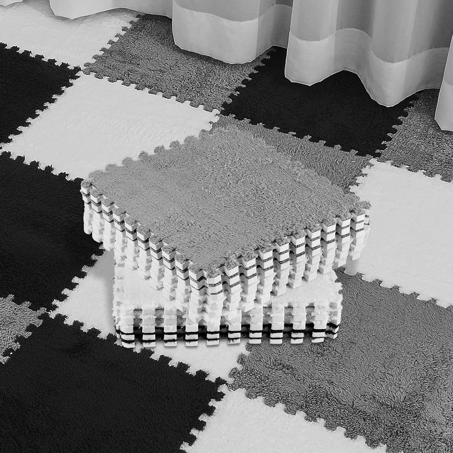 36 Pack Plush Foam Floor Mat Square Interlocking Carpet Tiles with Border Fluffy Play Soft Climbing Rugs for Bedroom Playroom, 12 x 0.4 in Black, White, Gray Black, Gray