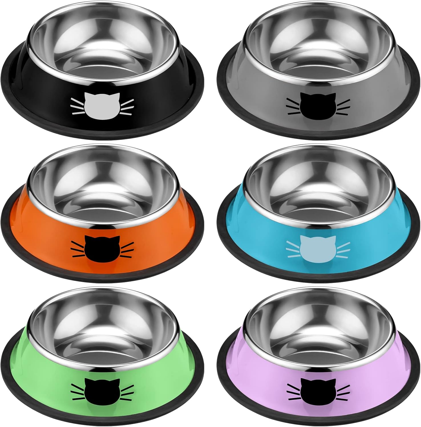 6 Pcs Cat Bowls for Food and Water Dishes Stainless Steel Pet 7 oz Anti Slip Metal Dish with Removable Rubber Base Thick Feeding Indoor Kitten Small Dog Classic Color Classic Color