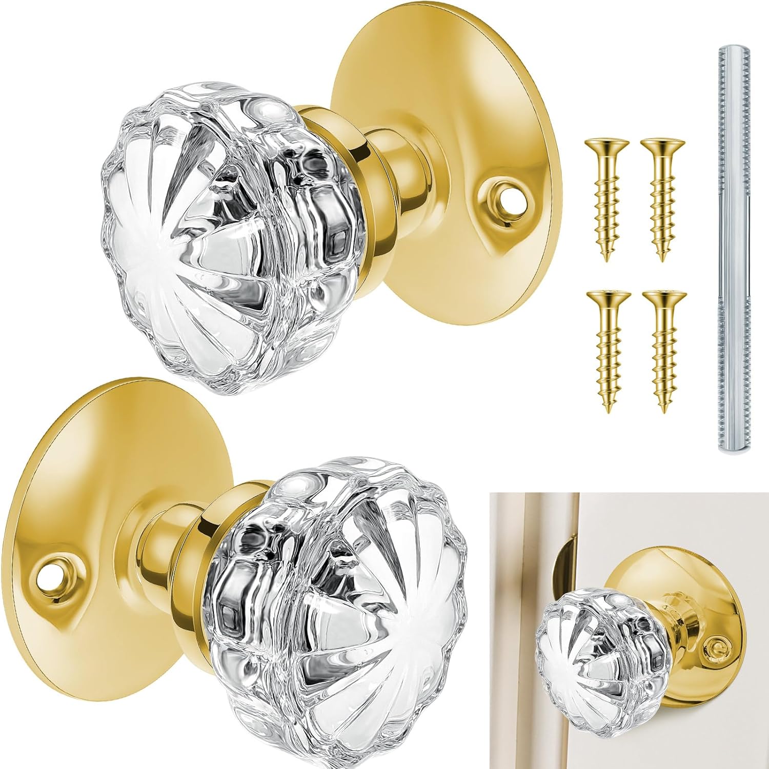 1 Set Glass Door Knobs Antique Crystal Vintage Mortise Style Fluted Replacement Kit with 2-1/2 in Satin Brass Privacy for Bedroom Bathroom Gold Gold