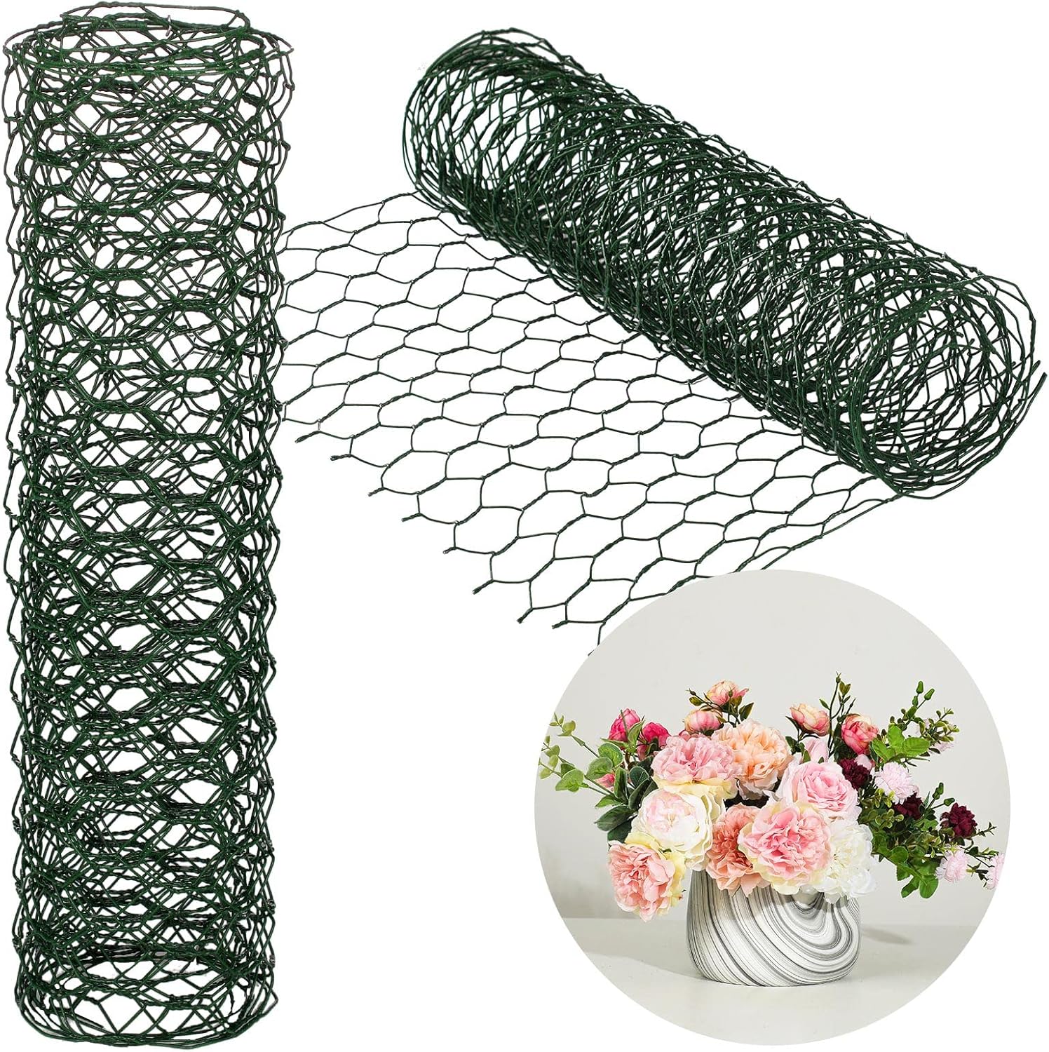 2 Pack Chicken Wire for Floral Arrangements 0.6 Inch Mesh Hexagonal Galvanized PVC Coated Netting Wires Fence Green Crafts Poultry Garden 12 x 48 Inch 12