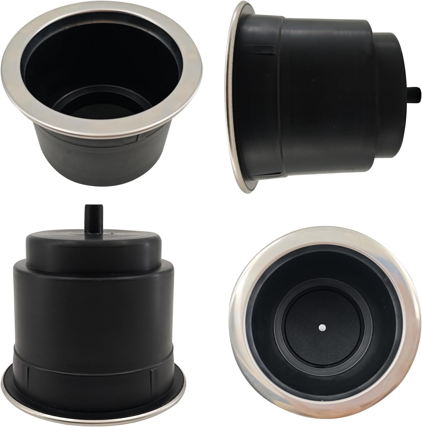 4Pcs Cup Holder Insert Plastic Universal Drop in with Drain, for RV Boat Car, Pontoon Table Sofa,Stainless Steel Edging