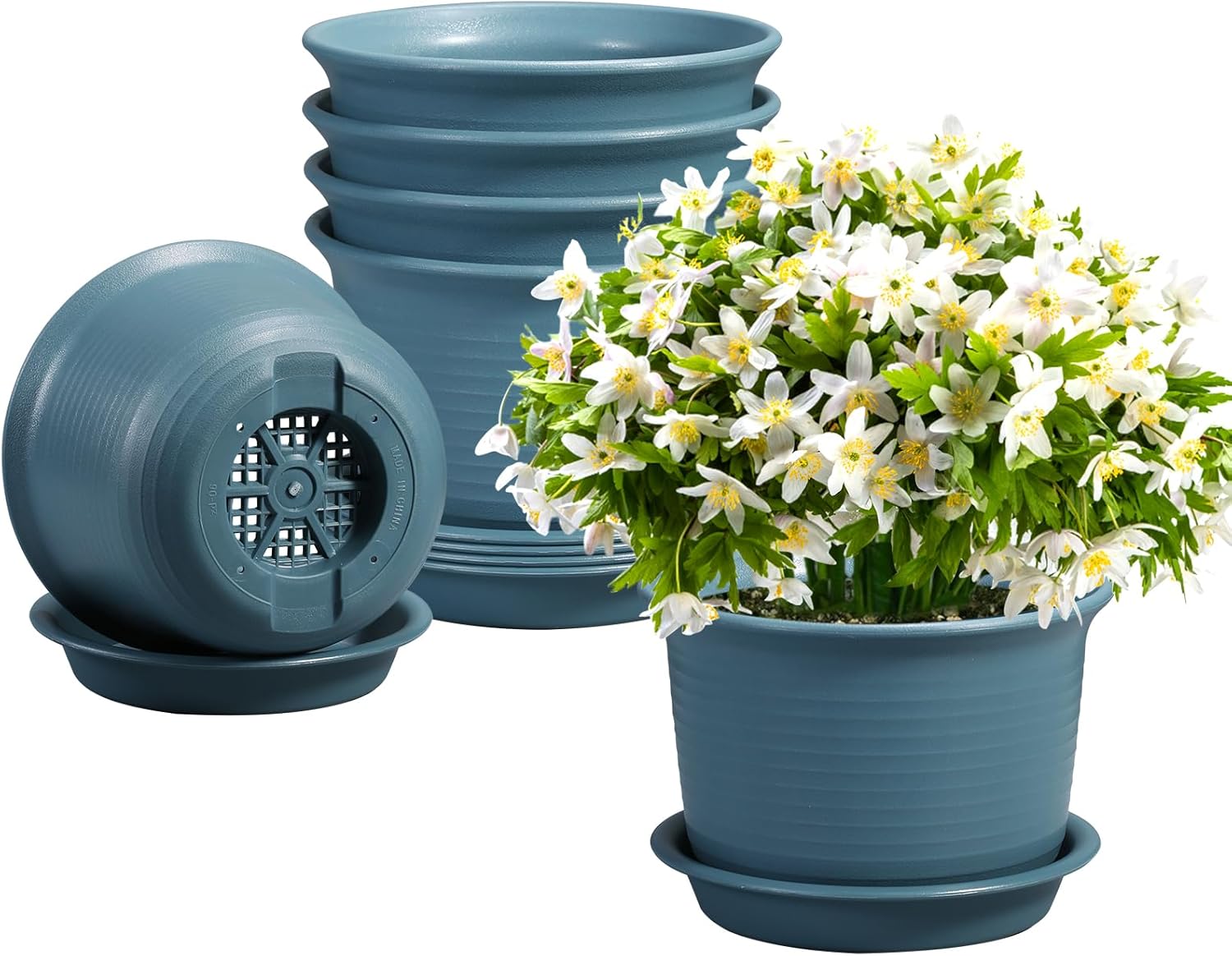 6 Pack Flower Pots for Indoor Plants, Plant with Drainage Hole and Tray Saucer, 7" Pot, inch Planters Plants Bluish Gray Bluish Gray 7inch