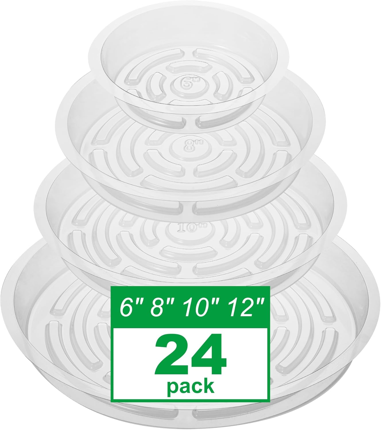 Petluno 24 Pack Clear Plant Saucers - 6, 8, 10, 12 Inch Plastic Trays for Pots, Flower Pot Saucers, Indoor & Outdoor Planter Drip Tray Water Drainage Protection 6",8",10",12"-