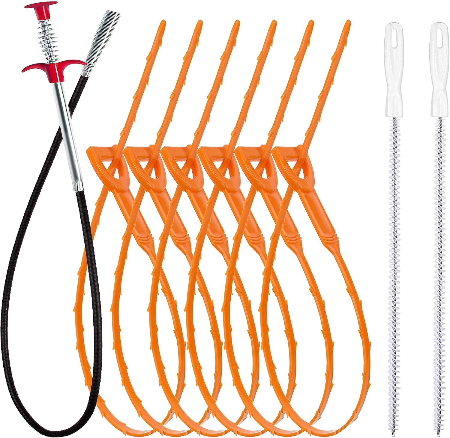 35.5-inch Drain Clog Remover 1 piece , 25-inch Snake Hair Remover 6 pieces & Cleaning Brush 2 pieces , Catcher Auger Cleaner Tool Set For Toilet, Kitchen Sink, Bathroom Tub, Sewer, 9 Pack