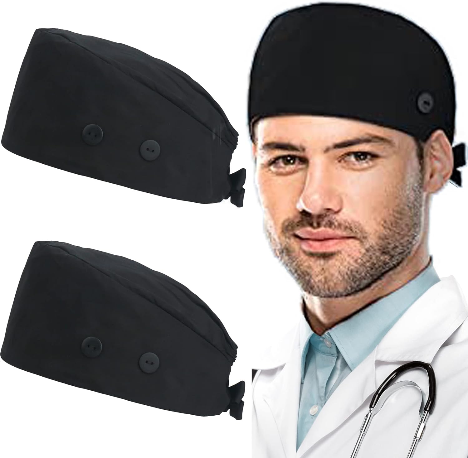 Working Caps with Button and Sweatband, Adjustable Working Hats for Women Men, One Size Tie Back or Toggle