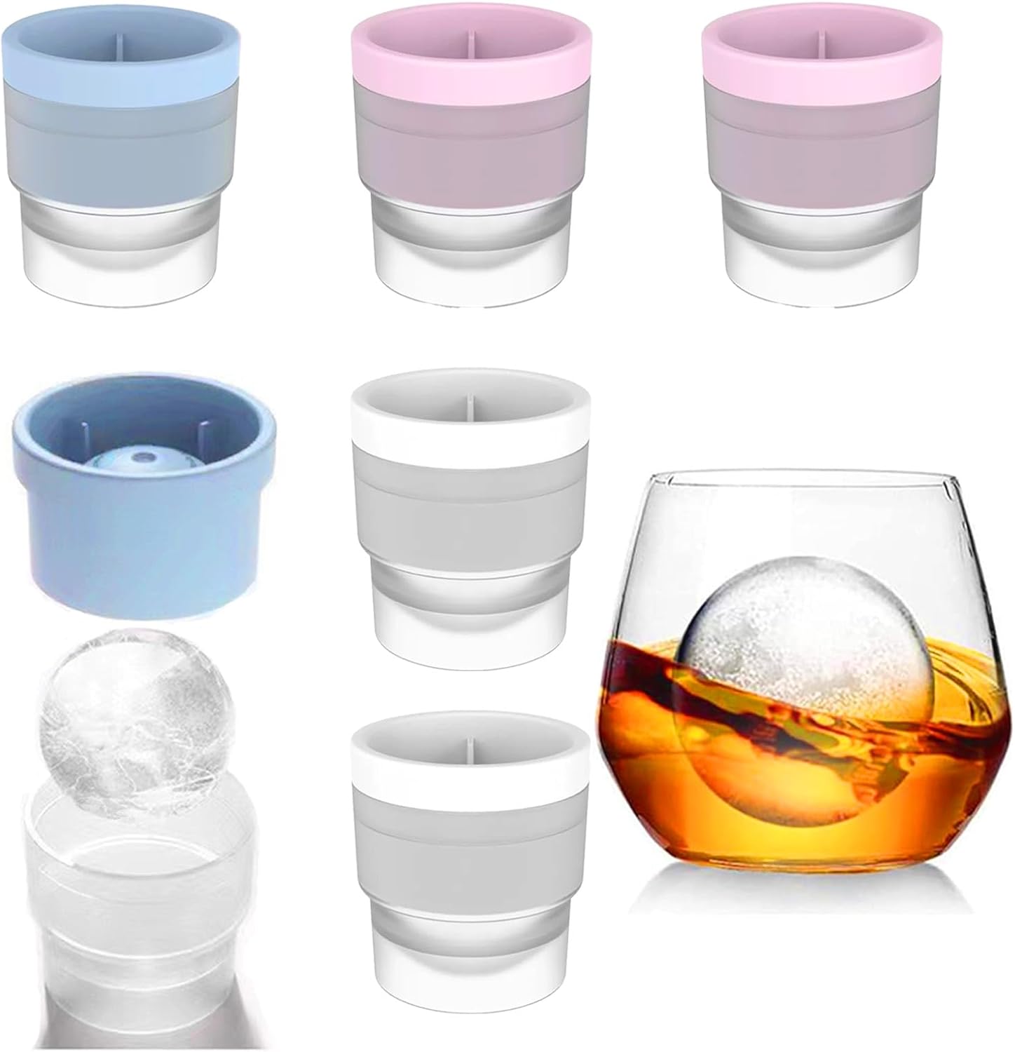 Large Ice Ball Molds 6 PCS - Silicone Spherical Ice Cube Trays for Whiskey, Cocktails, Cold Drinks - Freezer Safe Ice Maker for Refrigerator & Baby Food Storage