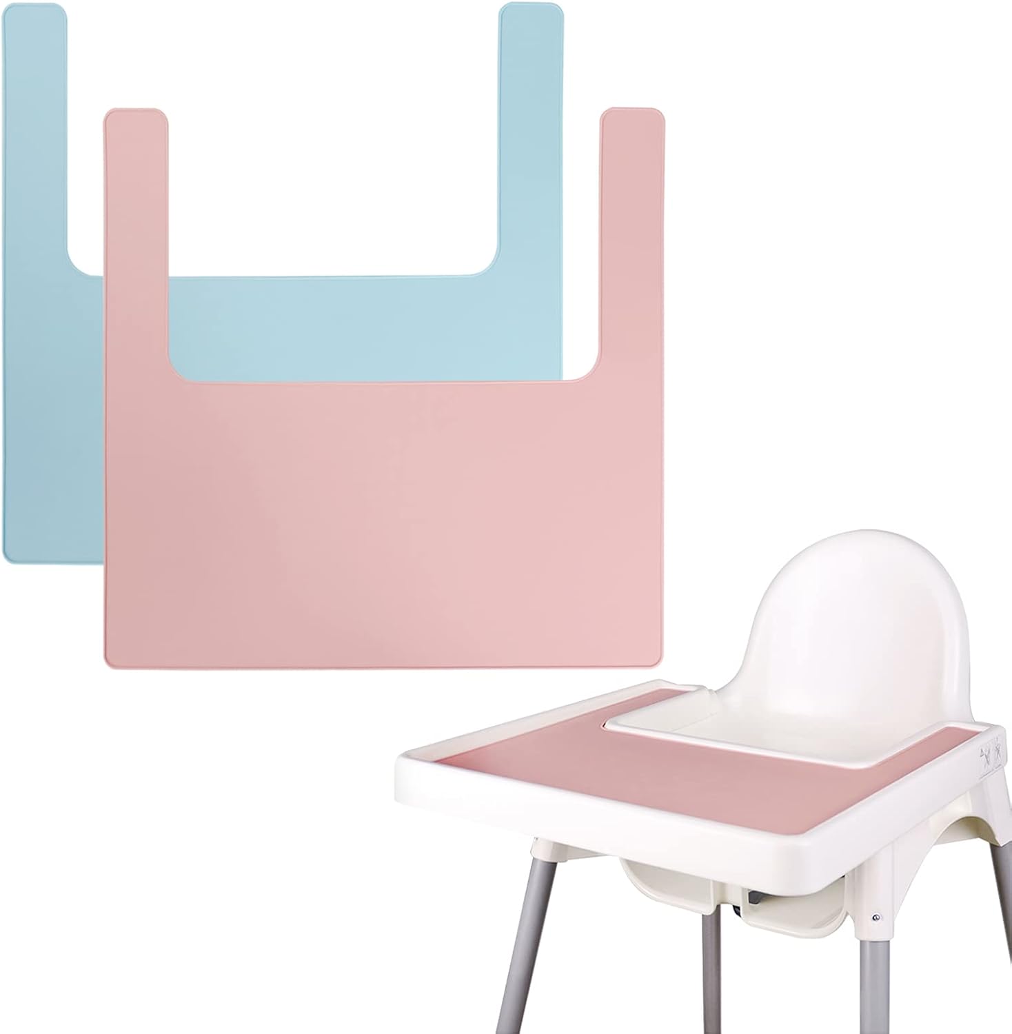 High Chair Placemat, Long Lasting High Chair Placemat Silicone, 2-Piece Set, Can Be Used Interchangeably, Suitable for IKEA Antilop Highchai, for Toddlers and Babies Blue/Pink