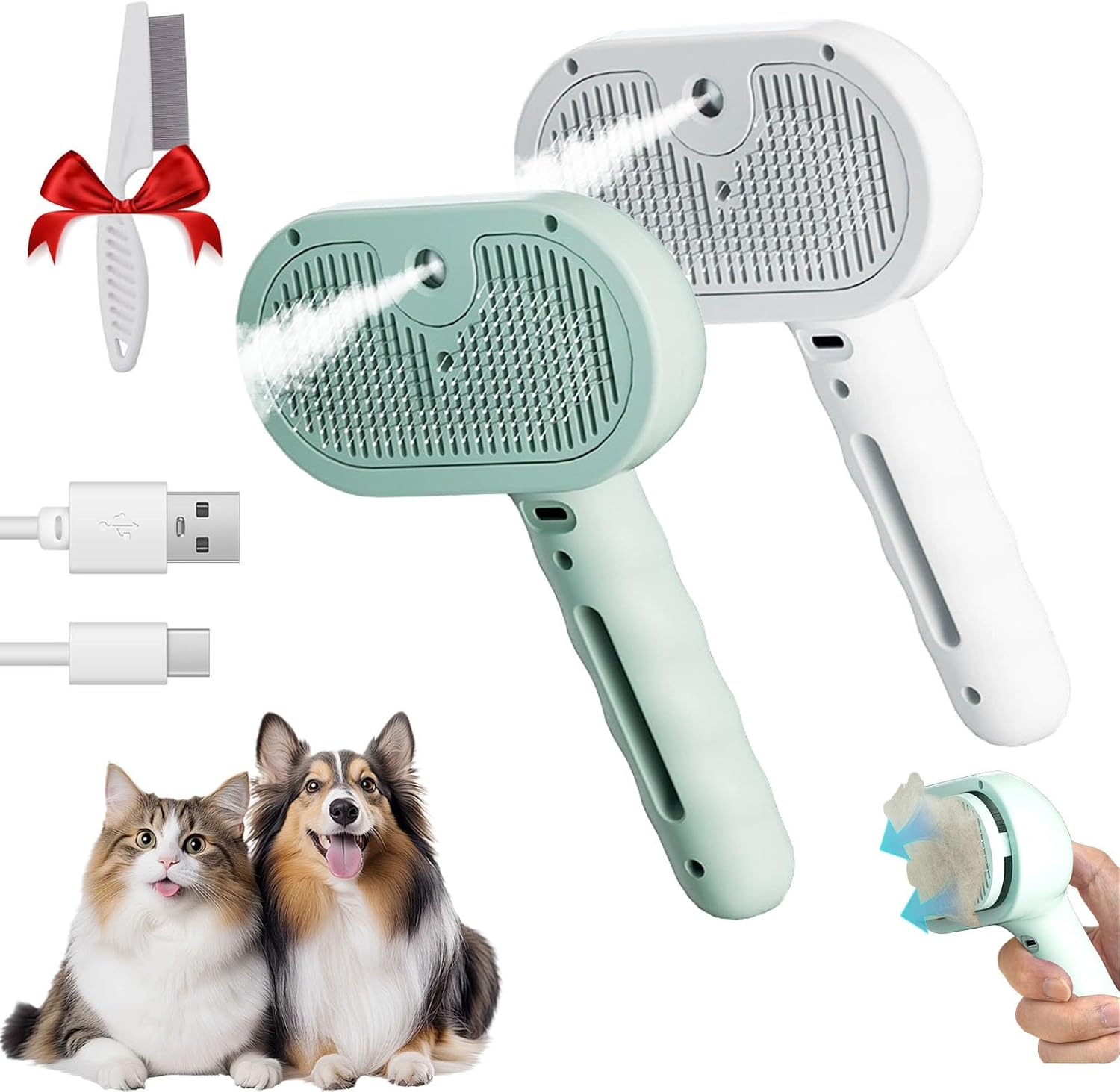 Kivori Pet Grooming Brush, Kivori All in One Pet Grooming Brush, 3-in-1 Pet Water Steam Spray Grooming Comb for Cats and Dogs 2pcs-a