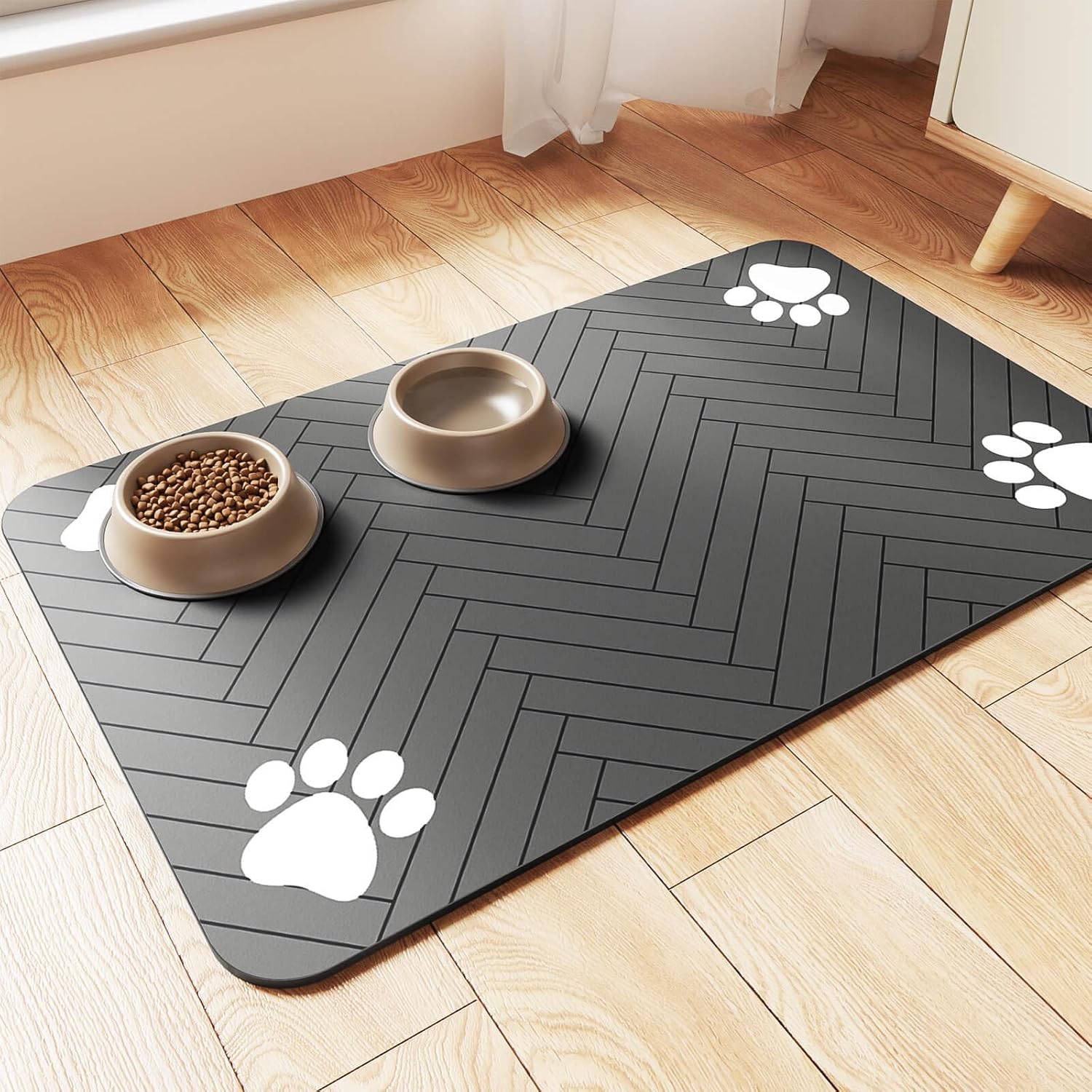 Pet Feeding Mat-Absorbent Pet Placemat for Food and Water Bowl, with Waterproof Rubber Backing, Quick Dry Water Dispenser Mat for Dog and Cat 12"x20", Striped Dark Gray