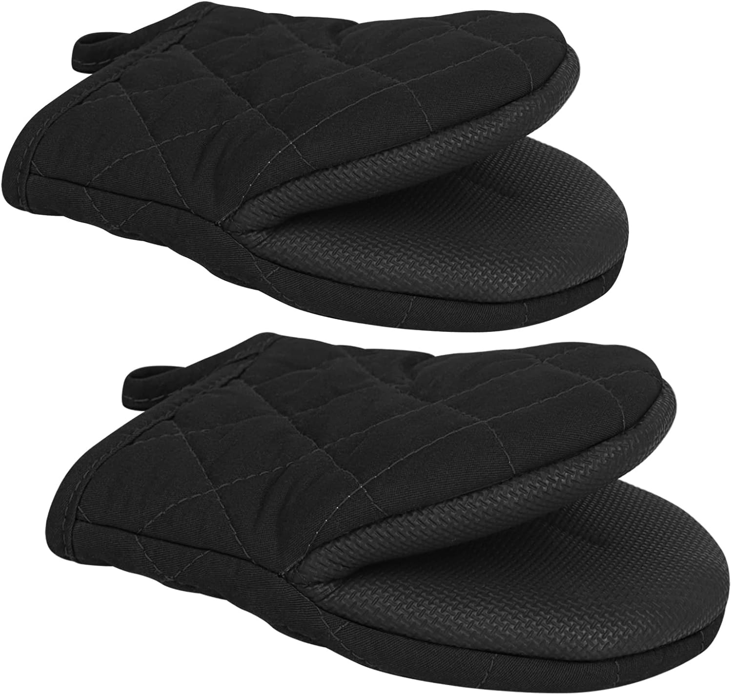 1 Pair Short Oven Mitts - Silicone Kitchen Oven Gloves High Heat Resistant 500℉, Mini Oven Mits with Non-Slip Grip Surfaces and Hanging Loop for BBQ, Baking, Cooking and Grilling Black