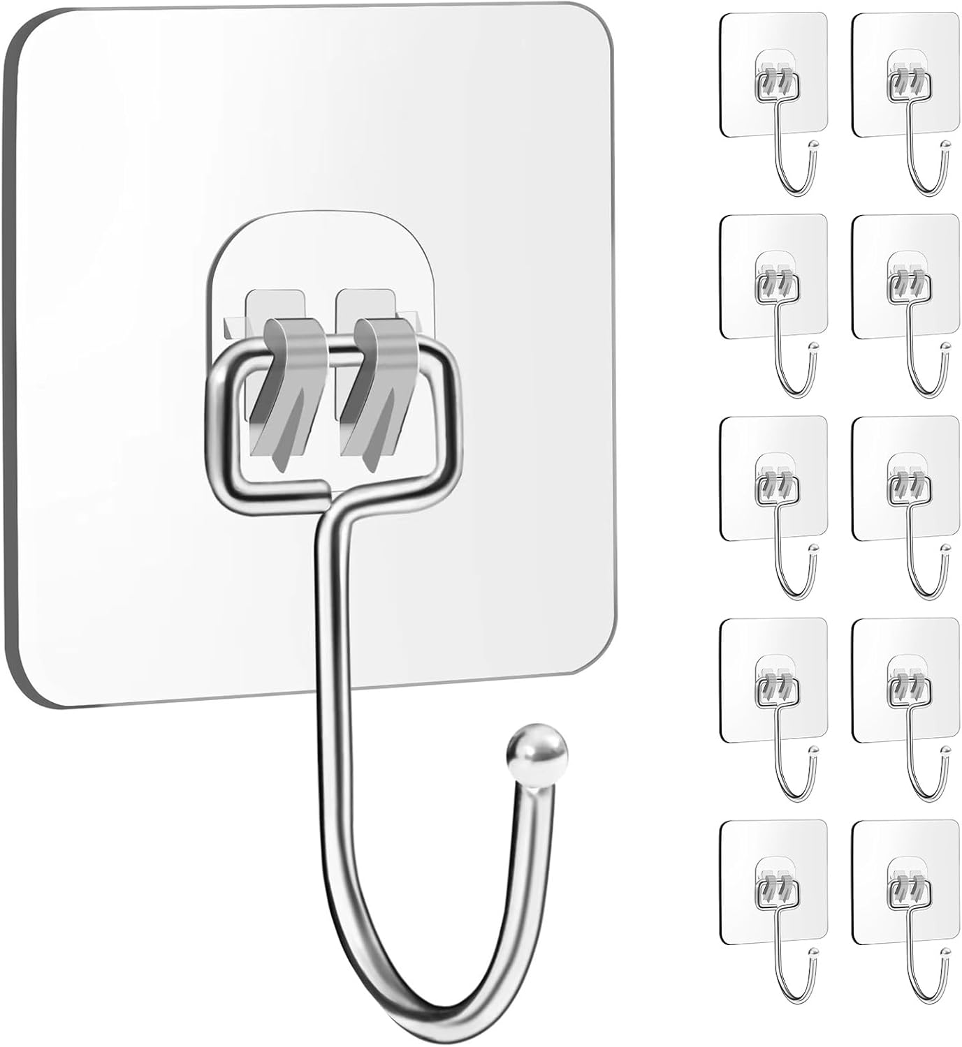 10 Packs Large Wall Hooks for Hanging Heavy Duty 33lb Max , Waterproof Transparent Adhesive Wall Hooks Wall Hangers Without Nails Sticky Hooks for Bathroom Shower Kitchen Door Utility Hooks Hanger