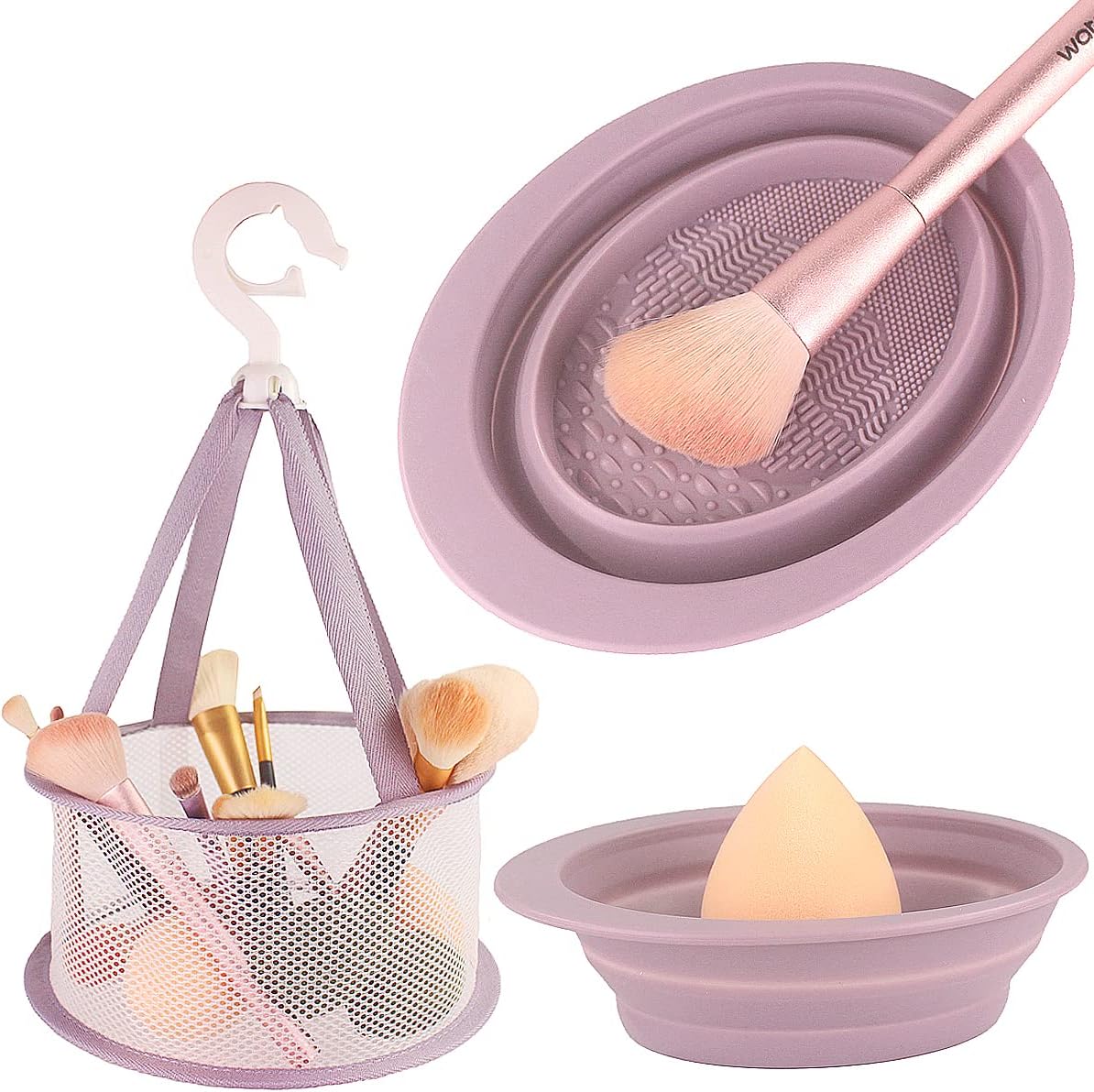 Makeup Brush Cleaning Mat & Hanging Drying Net, Foldable Silicone Makeup Brush Cleaner Brush Cleaning Pad cleaning bowl with Mesh Drying Rack Basket to dry Makeup Sponge, powder puff, brush Purple