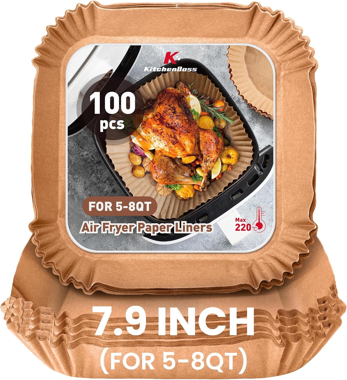 Air Fryer Paper Liners Disposable: 100Pcs Parchment Baking Paper for 8Inch/20cm 5-8QT Square Air Fryer, Food Grade Non-Stick Liners Accessories for Microwave Roasting Log Color