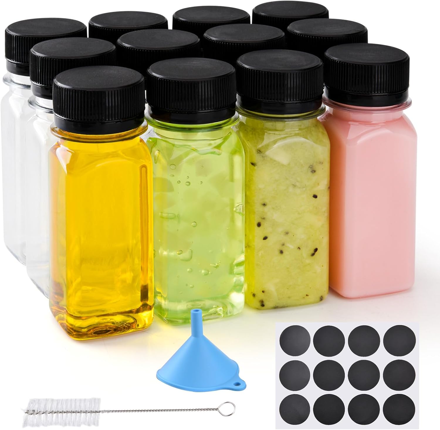 12 pcs 2oz Small Plastic Juice Bottles with Lids,Reusable Leak proof Ginger Shots Bottle with Black caps, Wellness Mini Jars Plastic Containers for Smoothie, Water, Milk and Other Beverages