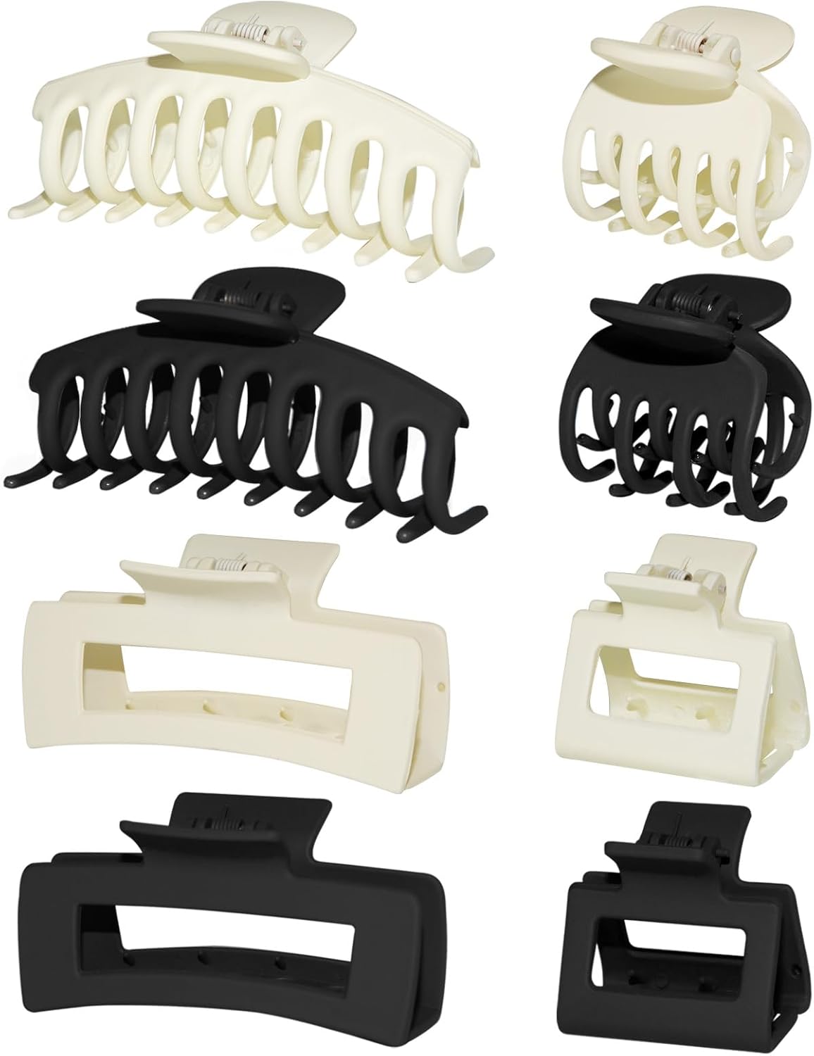 4 Style Hair Clips for Women, 8 Pcs 4.3 Inch Large Hair Claw Clips for Thick Hair and 2 Inch Claw Clips for Thin Hair, Square Double Row Teeth Strong Hold Nonslip Hair Claws Black+beige