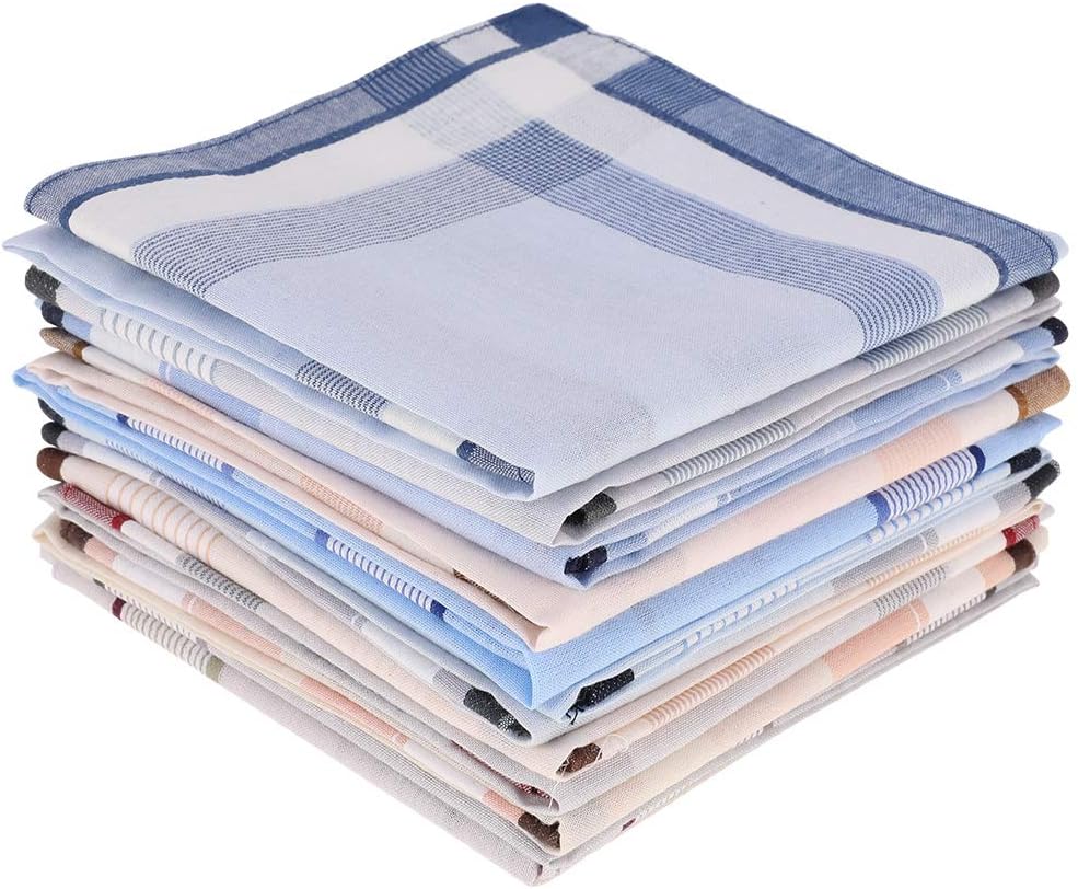 12 Pcs 100% Cotton Men’s Plaid Handkerchief, Soft Hanky with Classic Stripe, Ideal Gift Set for Men. 4 Styles Plaid