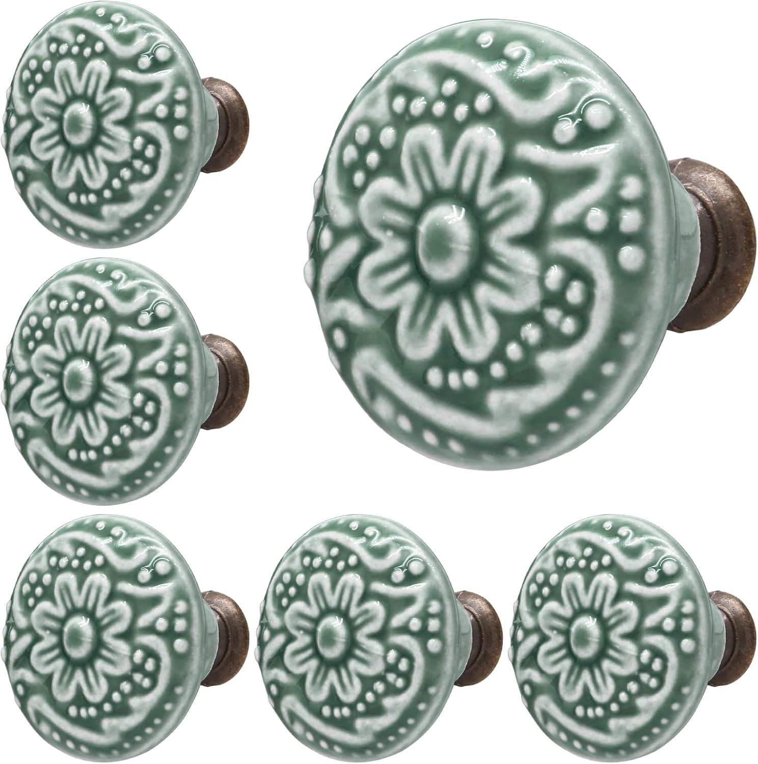 Green Ceramic knobs, Kitchen Cabinet Knobs, Retro Dresser Knobs, Drawer Knobs, Furniture Decorative Knobs and Pulls for Drawer, Dressers, Cupboard, Closet, 34mm / 1.3Inch Diameter 10Pcs