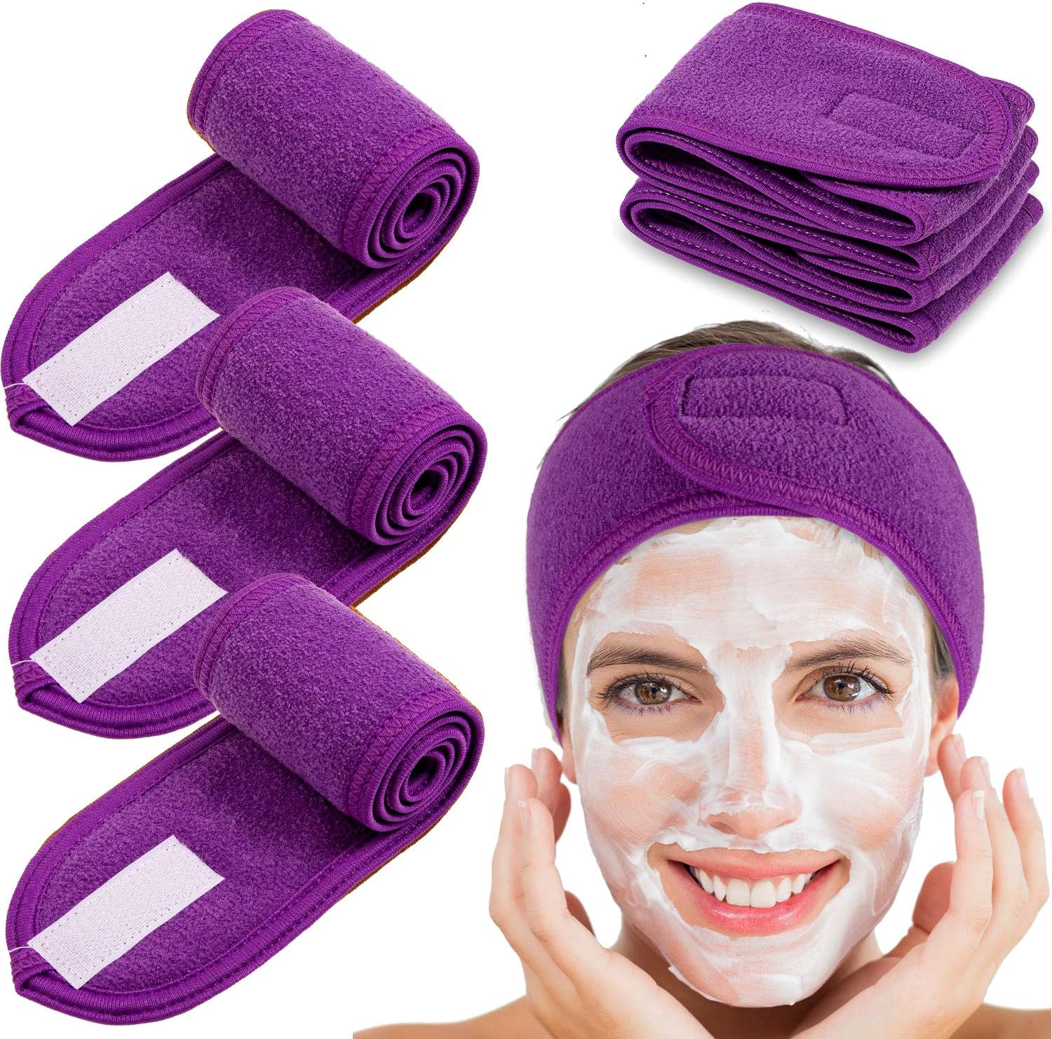 Spa Facial Headband 4 Packs Head Wrap Terry Cloth Headband Adjustable Stretch Towel for Bath, Makeup and Sport Purple