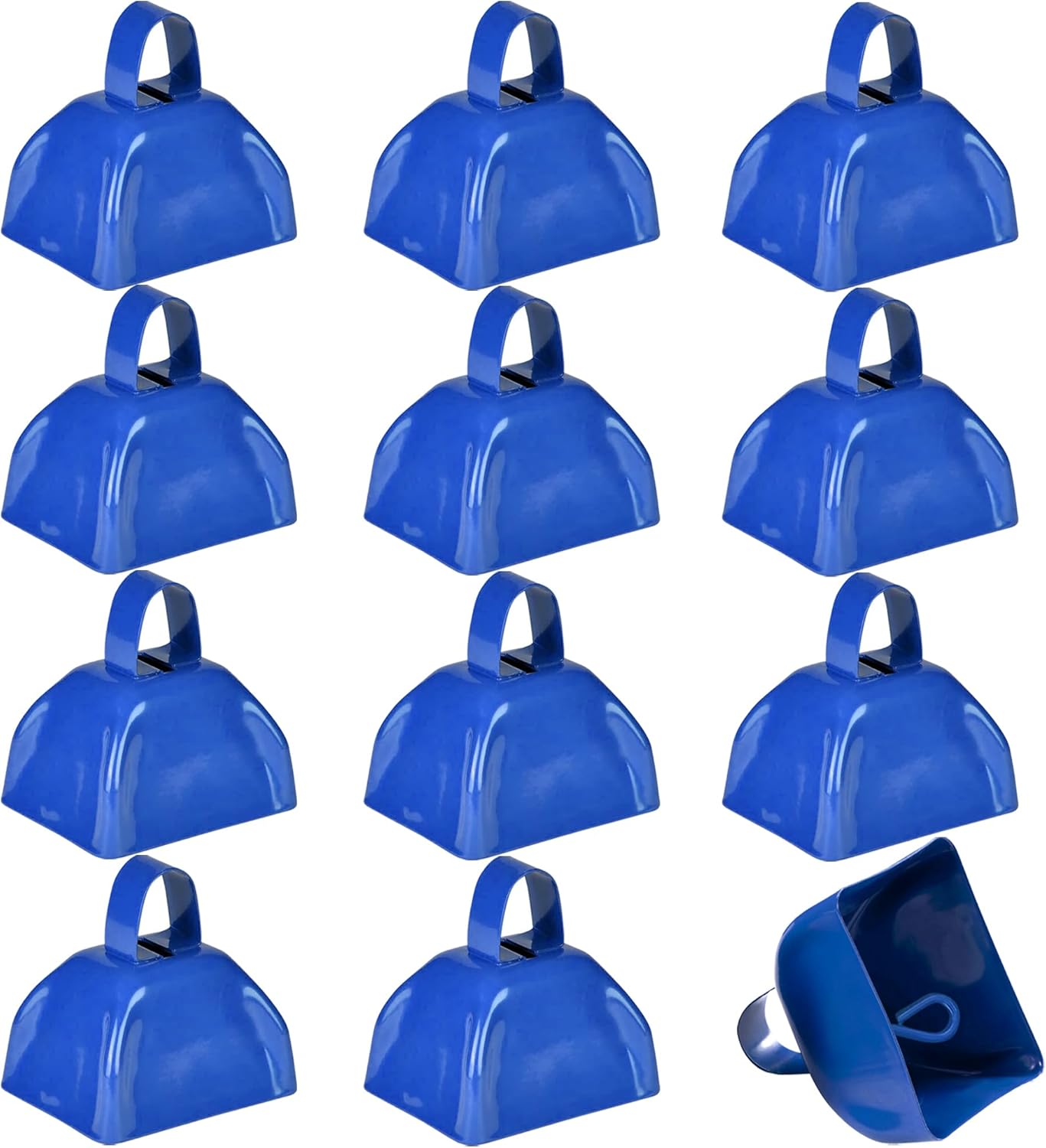 Metal Cowbells - Blue 3 Inch Cow Bells Noise Makers, Loud Call Bell with Handles for Sporting Events, Cheering, Team Spirit, Noisemakers, Weddings, Pack of 12