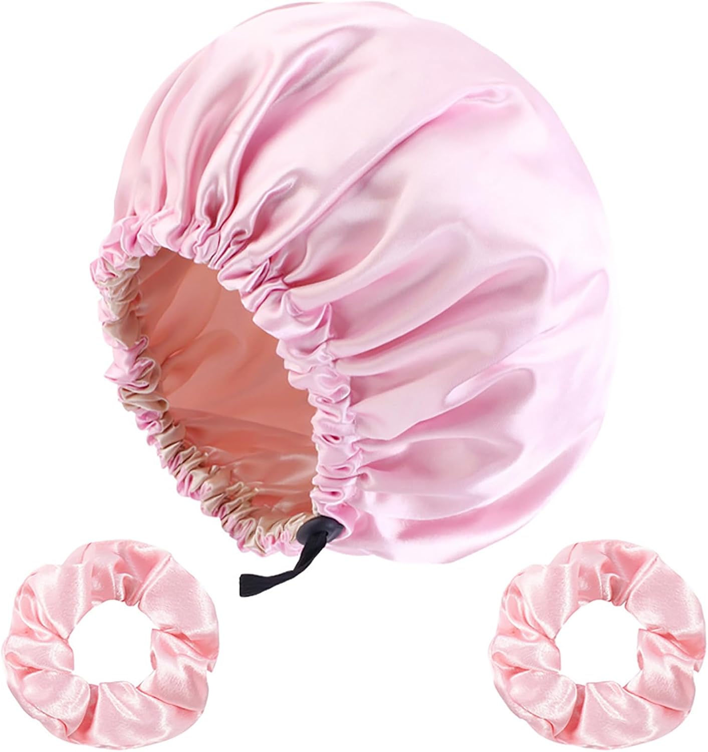 Satin Bonnet Silk Hair Cap for Sleeping, Adjustable Double layer Reversible Satin Sleep Cap with Hair Ties Pink