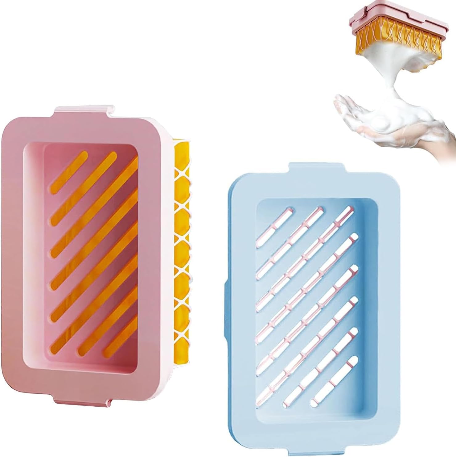 2 Pack Soap Holder Bar Soap Dish with Drain, Non-Slip Soap Box with Fixed Soap Net for Bathroom Gym Pink, Blue