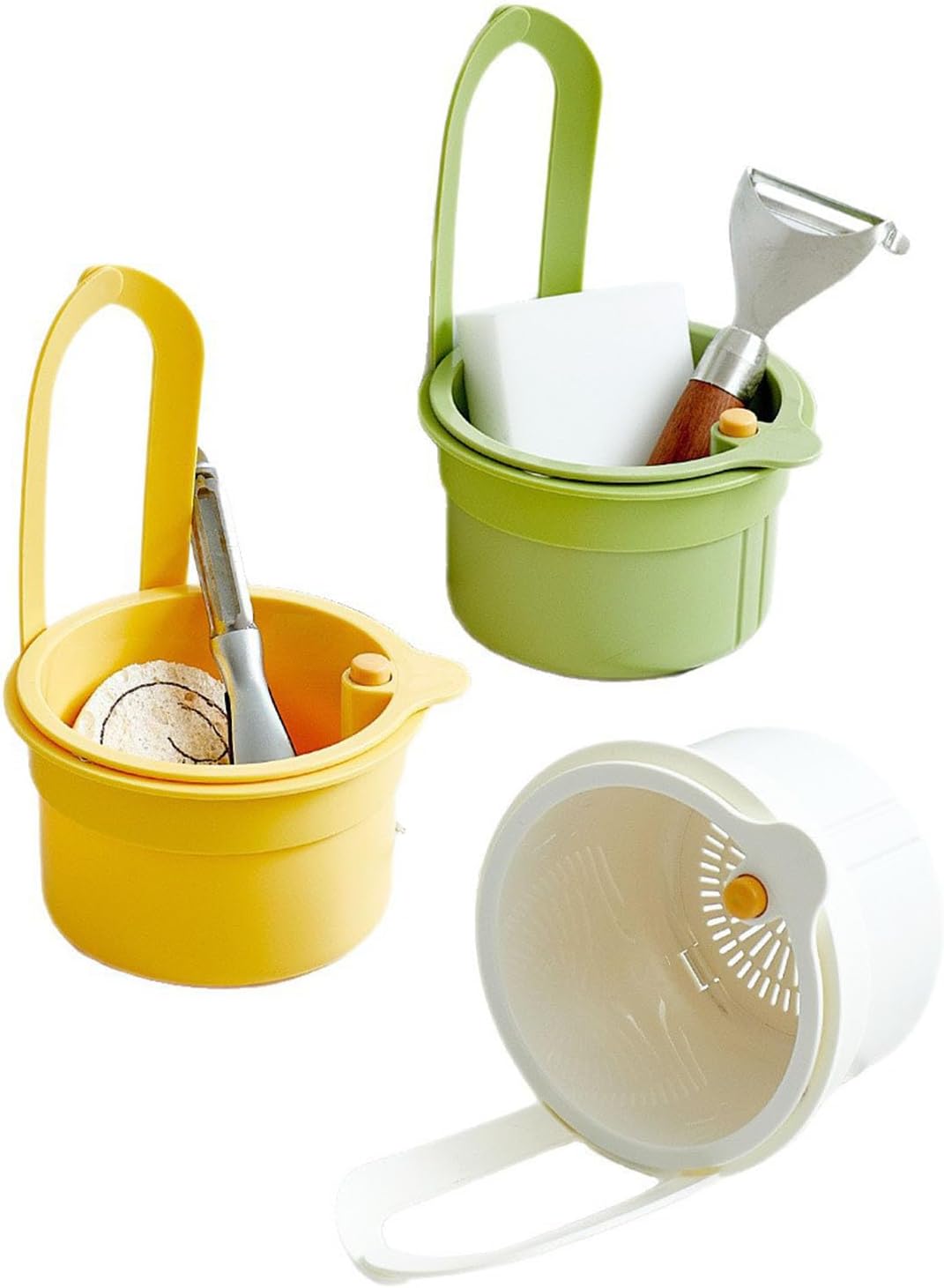 Kitchen Sink Strainer Basket, Self Cleaning Sink Food Waste Catcher, Faucet Hanging, Press Automatic Dumping Kitchen Draining Basket, Waste Rack Trash Catcher for Leftovers Green+White+Yellow