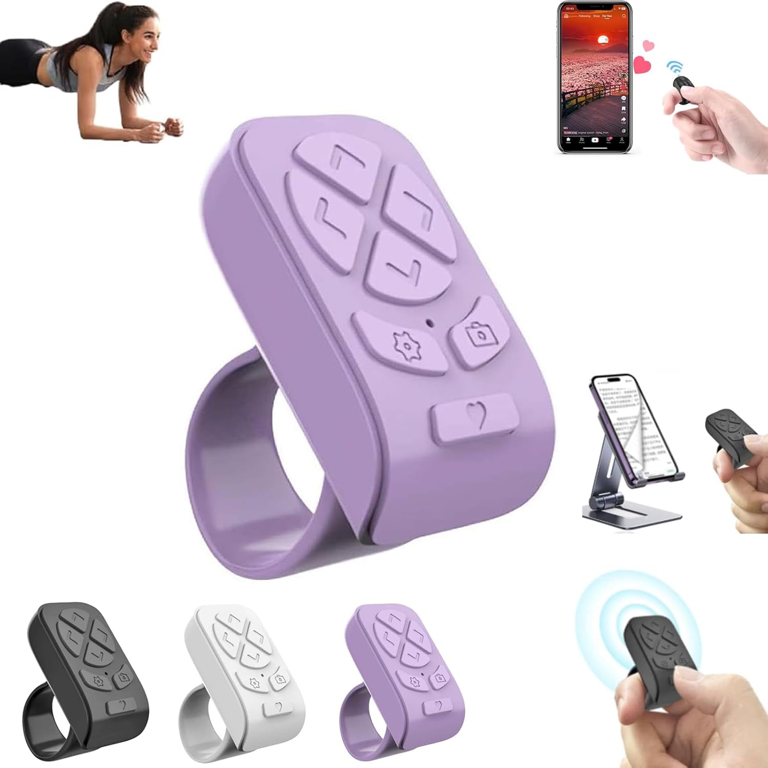 for TIK-Tok Remote Control Ring,Wireless Page Turner,Bluetooth Remote Control Ring Finger Scroller,Finger Clicker for Phone Scrolling, for Videos,Photos,Novels Purple